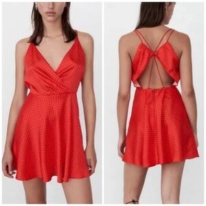 Zara Satin Polka Dot Open Back Fit & Flare Vital Mini Dress